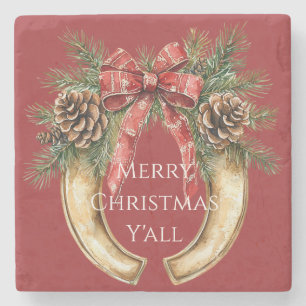 Dessous-de-verre En Pierre Red Western Gold Horse Chaussure Pine de Noël cône