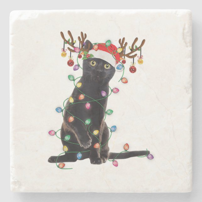 Dessous-de-verre En Pierre Reindeer Chat Noir Feux de Noël Drôle Chat Amour (Devant)