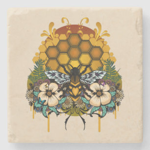 Dessous-de-verre En Pierre Reine Abeille Floral Nid d'Abeille Élégant Marbre
