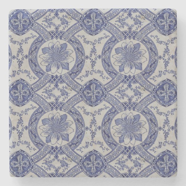 Dessous-de-verre En Pierre Repro Portugais bleu géométrique Azulejos Floral  (Devant)