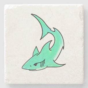 Dessous-de-verre En Pierre requin souriant de dessin animé bleu vert océan an