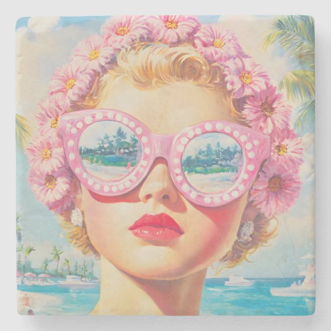 Dessous-de-verre En Pierre Retro Beach Girl avec lunettes de soleil florales (Devant)