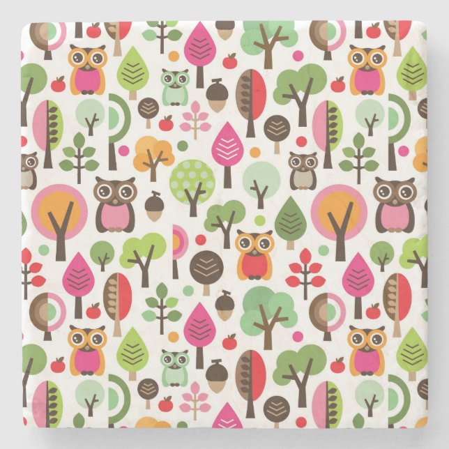 Dessous-de-verre En Pierre rétro motif de hibou d'arbre rose de feuille (Devant)