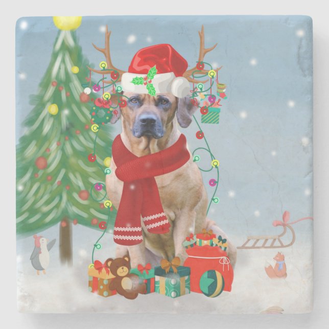 Dessous-de-verre En Pierre Rhodesian Ridgeback Chien dans neige cadeau de Noë (Devant)
