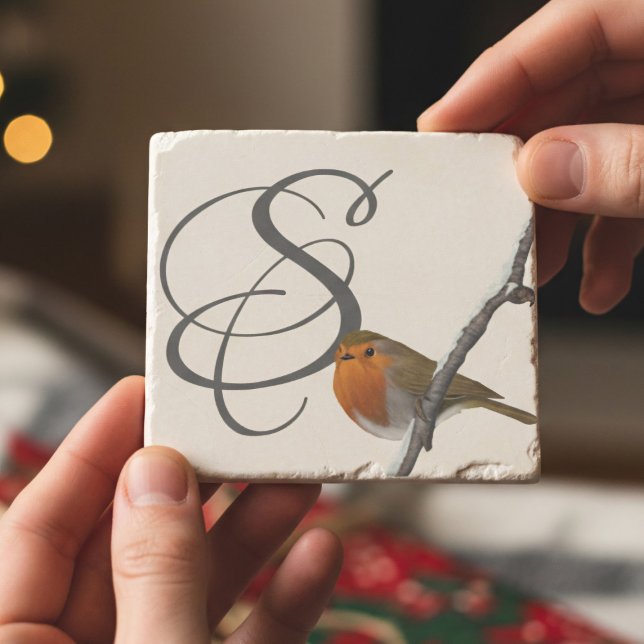 Dessous-de-verre En Pierre Robin Bird sur la branche hivernale Monogramme Des (Surprise someone special with a personalized robin bird stone coaster. A thoughtful and elegant gift)