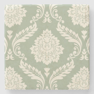 Dessous-de-verre En Pierre Rococo Damassé Grand Motif Crème sur Vert
