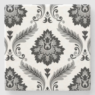 Dessous-de-verre En Pierre Rococo Damassé Grand Motif Gris Noir Blanc