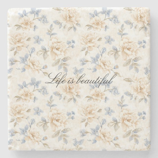 Dessous-de-verre En Pierre Romantic Cream Floral Blue Leaves (Devant)