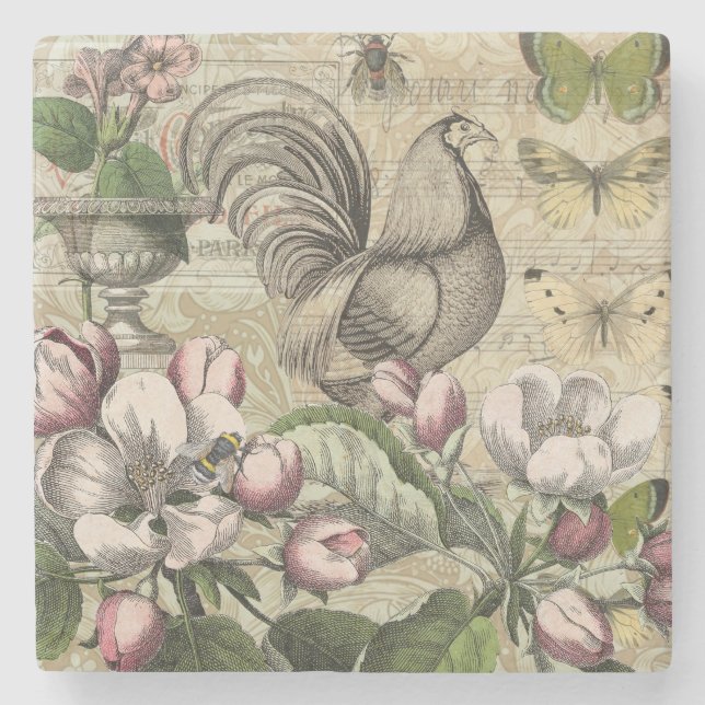 Dessous-de-verre En Pierre Rooster Garden Flower Papillon Art (Devant)