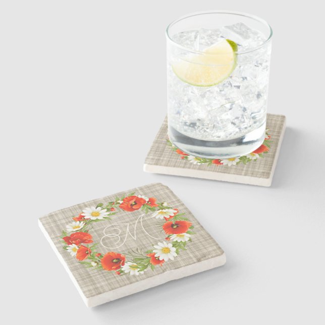 Dessous-de-verre En Pierre Roquette Rouge mignonne Blanc Jaune Fleurs de marg (Côté)