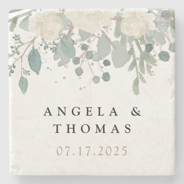 Dessous-de-verre En Pierre Rose d'hiver Blanc or Mariage Floral (Devant)