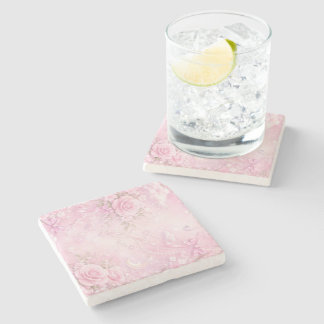 Dessous-de-verre En Pierre Rose Florale Perles Nœuds Étincelles Rose Rêveur