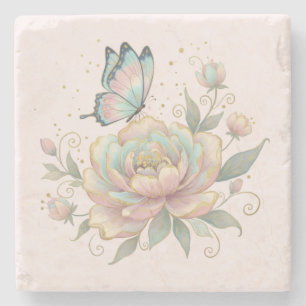 Dessous-de-verre En Pierre Rose Magique et Couleurs Pastel de Papillon