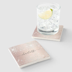 Dessous-de-verre En Pierre Rose or argent parties scintillant nom script