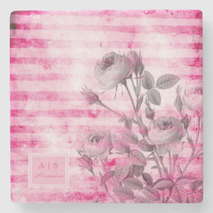 Dessous-de-verre En Pierre Roses à Hot Pink Background   Floral Monogram