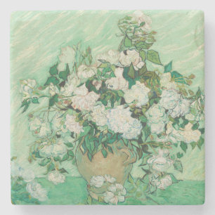 Dessous-de-verre En Pierre Roses blanches de Van Gogh - Art floral à la menth