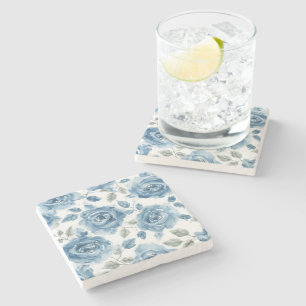 Dessous-de-verre En Pierre Roses Bleues Aquarelle Botanique Floraisons Floral