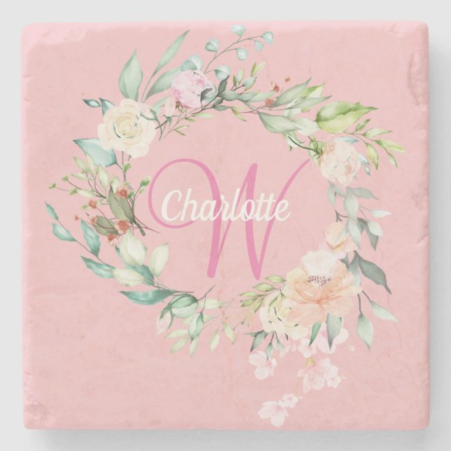 Dessous-de-verre En Pierre Roses Florales Élégantes Monogramme Script Rose (Devant)