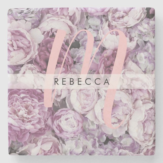 Dessous-de-verre En Pierre Roses roses peony rose script monogramme floral (Devant)