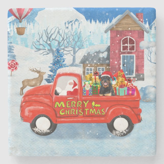 Dessous-de-verre En Pierre Rottweiler Chien Livraison de Noël Camion Neige (Devant)