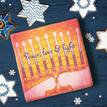 Dessous-de-verre En Pierre Rouge Hanoukka Menorah Paix Amour Lumière Script B<br><div class="desc">"Paix, amour et lumière." Une photo de fond d'une menorah d'art rouge, rouge, orange et jaune, brillante, vous permet de vivre les vacances d'Hanoukka dans le style. Sentez la chaleur et la joie de la saison des Fêtes chaque fois que vous vous détendez avec votre boisson préférée sur ce dessous...</div>