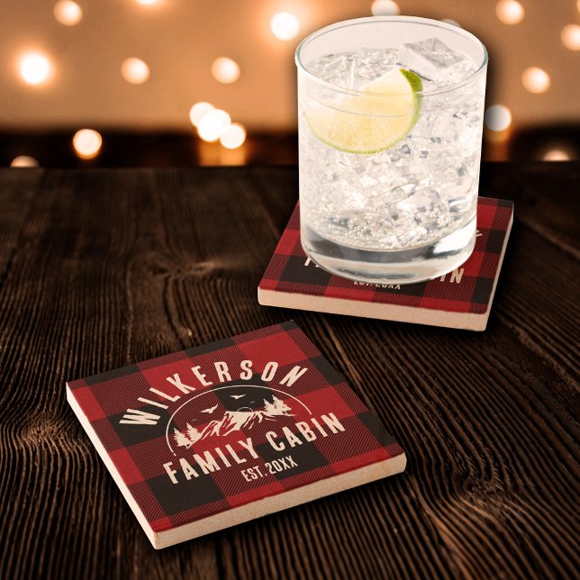 Dessous-de-verre En Pierre Russe Nom de famille Cabine Lake House Red Plaid (Créateur téléchargé)