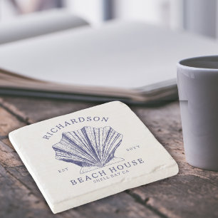 Dessous-de-verre En Pierre Rustic Beach House Nom de famille Nautique   Bleu