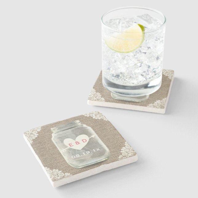 Dessous-de-verre En Pierre Rustique Lace & Burlap Mason Jar Mariage (Côté)