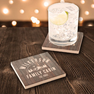 Dessous-de-verre En Pierre Rustique Nom de famille Cabine Cottage Lodge Lake