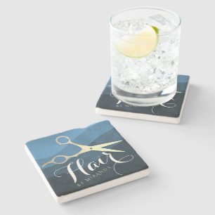 Dessous-de-verre En Pierre Salon des cheveux Coiffeuse Ciseaux bleu et or mod