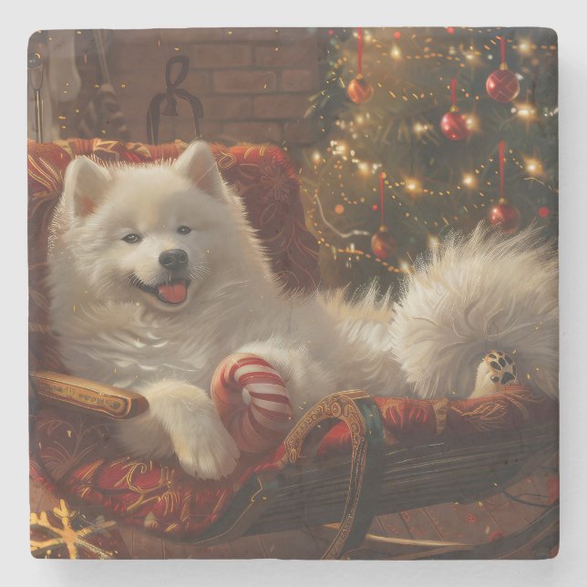 Dessous-de-verre En Pierre Samoyed Chien Festive de Noël (Devant)