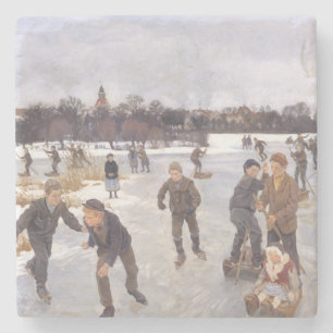 Dessous-de-verre En Pierre Scène antique de patinage hivernal Village d'art r