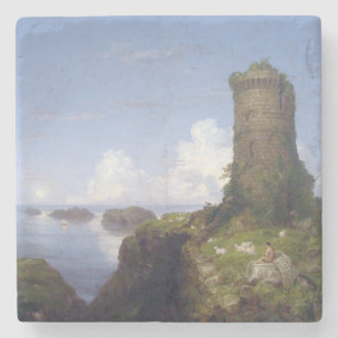 Dessous-de-verre En Pierre Scène côtière italienne avec une tour en ruine