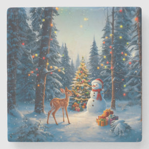 Dessous-de-verre En Pierre Scene d'arbre de Noël Cute Deer Fawn Snowman