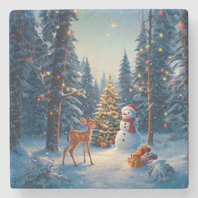 Dessous-de-verre En Pierre Scene d'arbre de Noël Cute Deer Fawn Snowman (Devant)