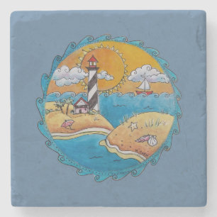 Dessous-de-verre En Pierre Scène de plage de phare fantaisiste, art folkloriq