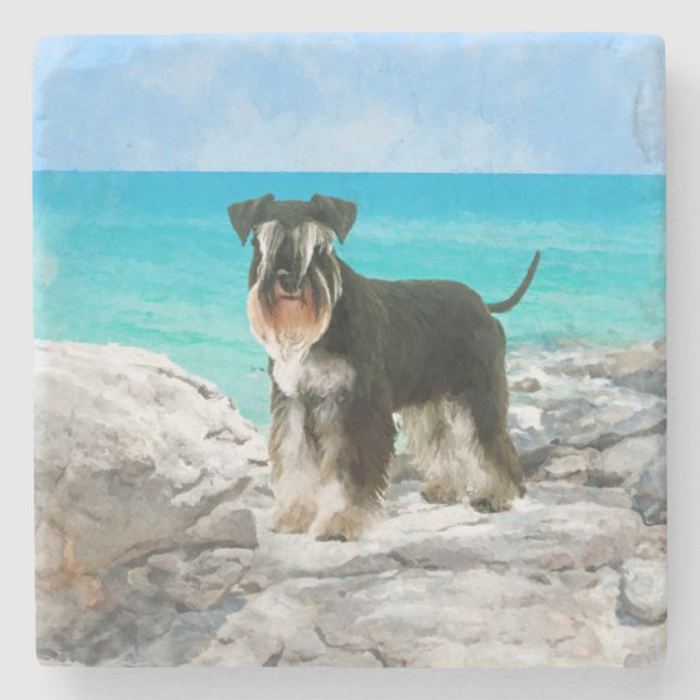 Dessous-de-verre En Pierre Schnauzer miniature sur l'aquarelle de plage (Devant)