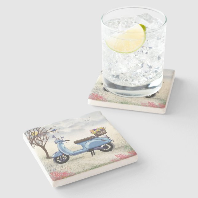 Dessous-de-verre En Pierre Scooter Bleu  (Côté)