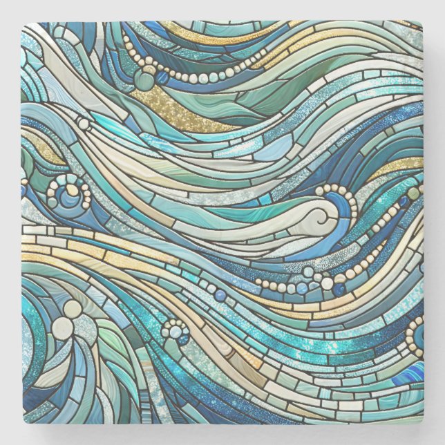 Dessous-de-verre En Pierre Sea of Waves Teal Mosaic Fine Art (Devant)