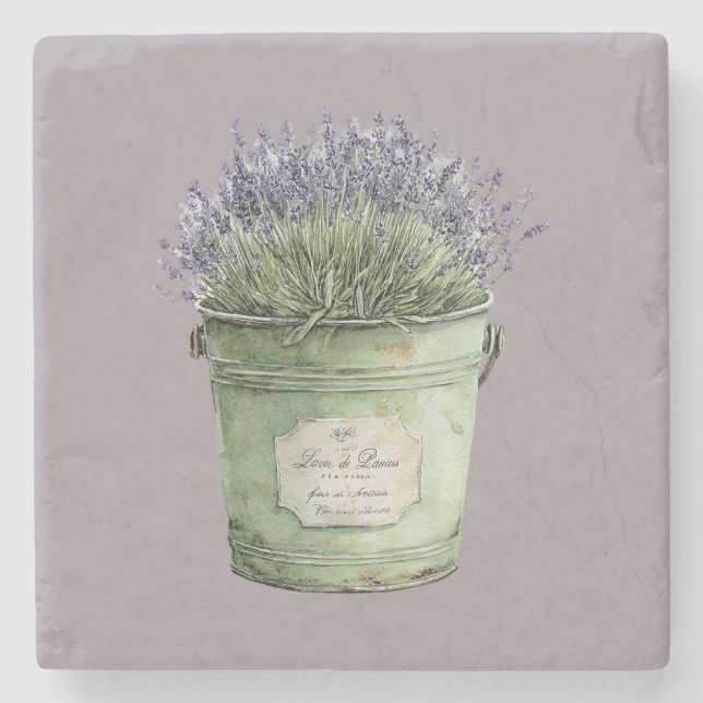 Dessous-de-verre En Pierre Seau vert blanc Fleurs de lavande (Devant)