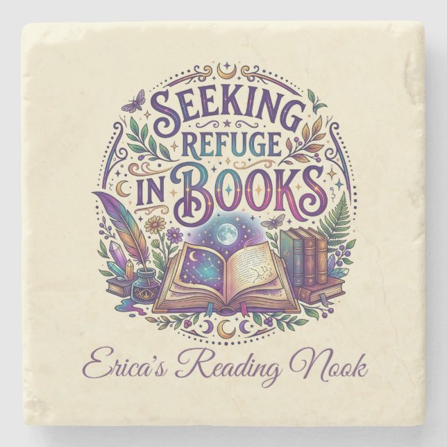 Dessous-de-verre En Pierre Seeking Refuge in Books Whimsical Celestial Mystic (Devant)