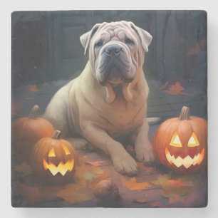 Dessous-de-verre En Pierre Shar Pei d'Halloween avec citrouilles effrayant