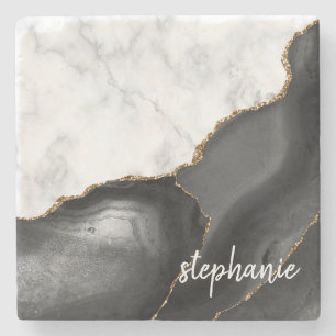 Dessous-de-verre En Pierre Signature Marbre Blanc Agate Noire Paillettes Doré