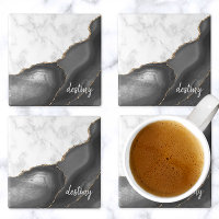 Signature Marbre Blanc Agate Noire Paillettes Doré