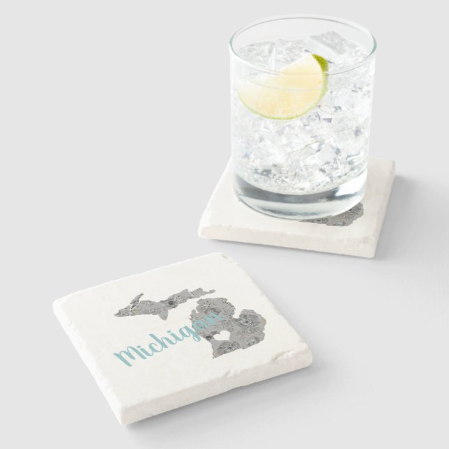 Dessous-de-verre En Pierre Silhouette De Flore Du Michigan Avec "Michigan" (Côté)