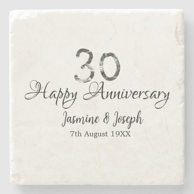 Dessous-de-verre En Pierre Silver Metallic 30th Happy anniversaire ajouter no (Devant)