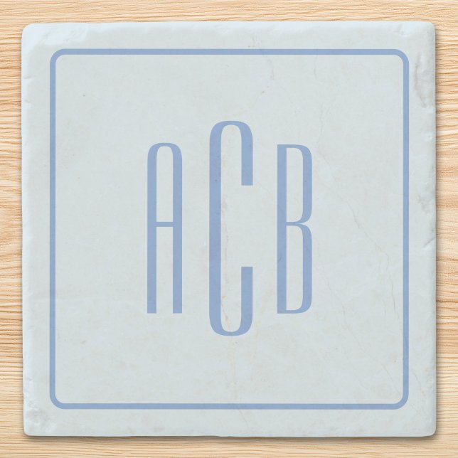 Dessous-de-verre En Pierre Simple Three Letter Blue Monogram Border (Simple Three Letter Blue Monogram Border Stone Coaster)