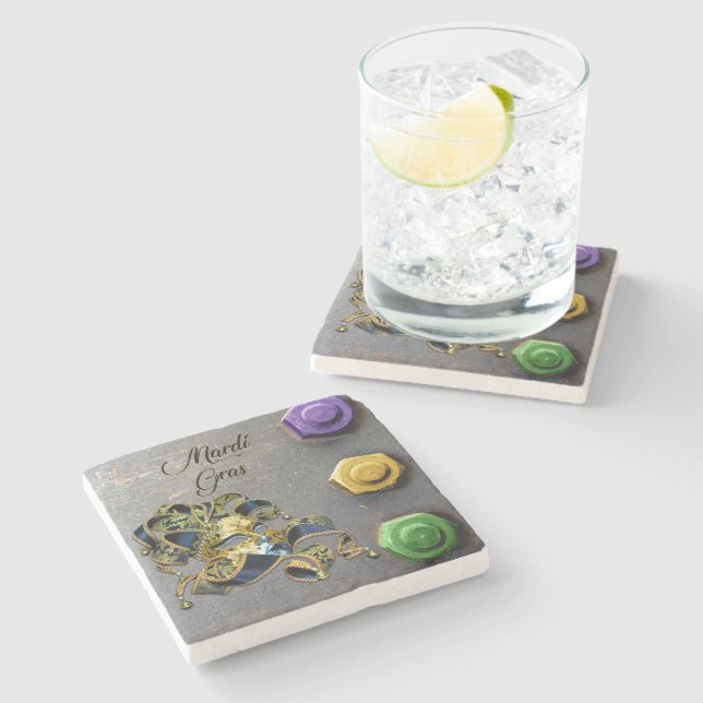 Dessous-de-verre En Pierre SlipperyJoe's Mardi Gras Masque violet or vert bl (Côté)