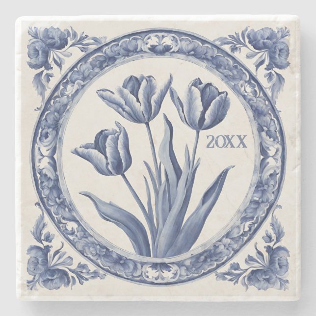 Dessous-de-verre En Pierre Souvenir Tulipes Delft bleu personnalisé (Devant)