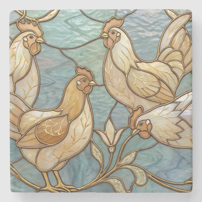 Dessous-de-verre En Pierre Stained Glass Roosters Elegant Chicken Farmhouse (Devant)